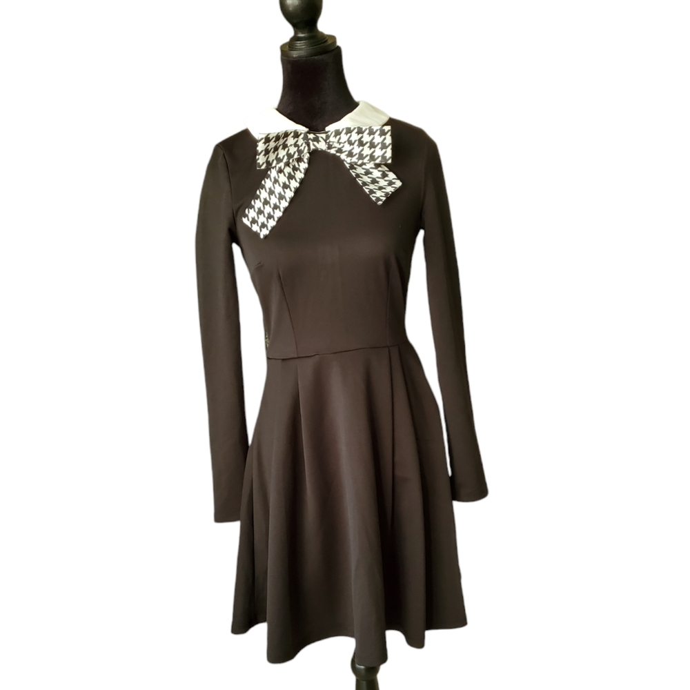 Smak Parlour Black & Houndstooth Bow Jet Setter Fit & Flare Dress - XS/2